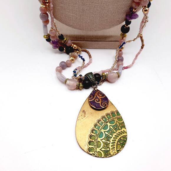 Chico's Bohemian Beaded Pendant Necklace - Amethyst Chips - 36" - 3 Bead Strands - Picture 3 of 12